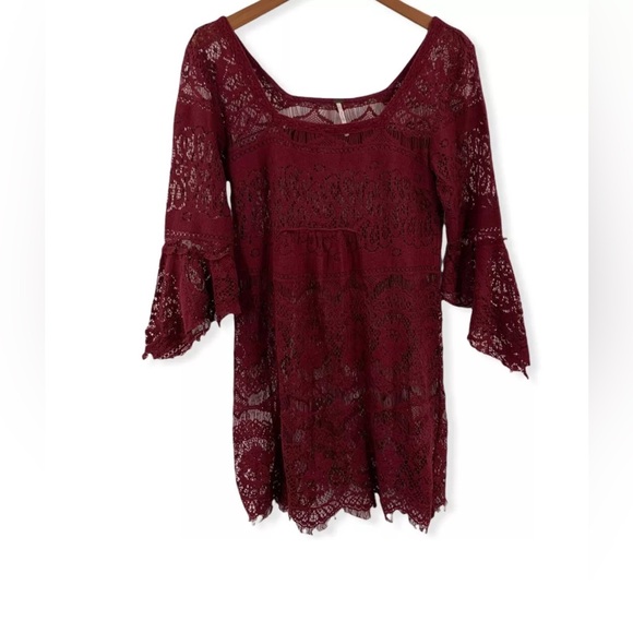 Free People Burgundy Lace Overlay Cotton Mini Dress - Extra Small - Picture 3 of 10